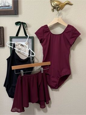BLOCH | Girls' Burgundy Dance Leotard, Skirt and Revolution Black Leotard  12-14